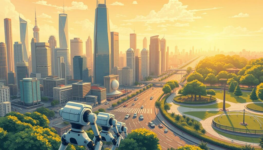 A bustling cityscape, where towering skyscrapers and gleaming hubs of innovation stand as a testament to the power of AI agents. In the foreground, a team of autonomous robots work in perfect synchronization, seamlessly navigating the intricate landscape, handling tasks with precision and efficiency. In the middle ground, self-driving vehicles navigate the busy streets, their sensors and algorithms anticipating and responding to the ever-changing environment. In the background, a serene park showcases the integration of AI-powered systems, with intelligent irrigation systems and autonomous gardening bots maintaining the lush greenery. The scene is bathed in a warm, golden light, conveying a sense of progress and technological harmony.