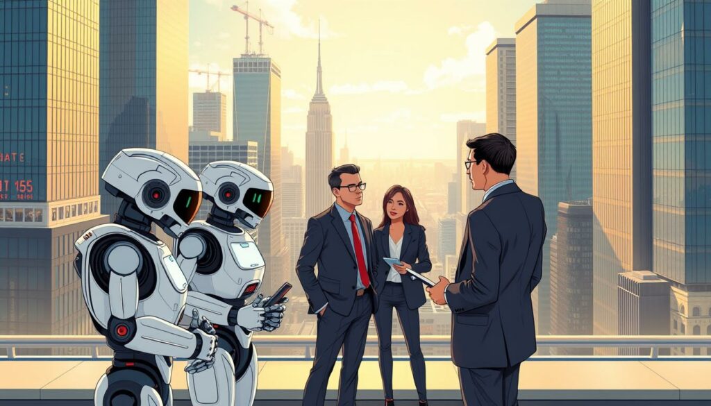 A bustling financial district, towering skyscrapers gleaming in the afternoon sun. In the foreground, a group of AI-powered software agents, their robotic forms seamlessly integrated with sleek touchscreens and holographic displays. They analyze stock tickers, execute trades, and monitor market trends with lightning-fast precision, their algorithms optimized for maximum efficiency. In the middle ground, executives in tailored suits confer with the agents, their expressions a mix of fascination and trust as the AI systems guide their decision-making. In the background, a panoramic view of the city, a testament to the transformative power of technology in the world of finance.