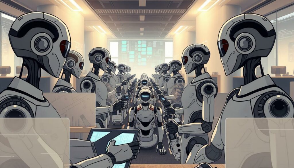 A bustling office scene with AI agents working in perfect synchrony. In the foreground, sleek humanoid figures operate advanced holographic interfaces, their movements fluid and efficient. In the middle ground, rows of intelligent robotic assistants collaborate seamlessly, processing data and optimizing workflows. The background is bathed in a soft, ambient light, highlighting the seamless integration of technology and human endeavor. The atmosphere exudes a sense of calm control, where AI agents amplify and streamline every aspect of the business, driving unprecedented operational efficiency.