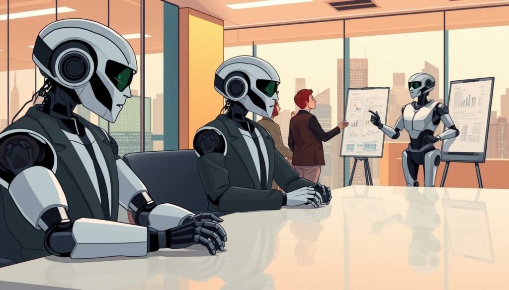 A bustling office setting, where a team of AI agents in the form of humanoid robots engage in various business activities. In the foreground, two AI agents sit at a conference table, deep in discussion, their mechanical features complemented by sleek, professional attire. In the middle ground, another AI agent stands at a whiteboard, gesturing animatedly as it presents data visualizations to its human colleagues. The background showcases a modern, glass-walled office space, with city skyline visible through the windows, bathed in warm, diffused lighting that lends a sense of productivity and collaboration.