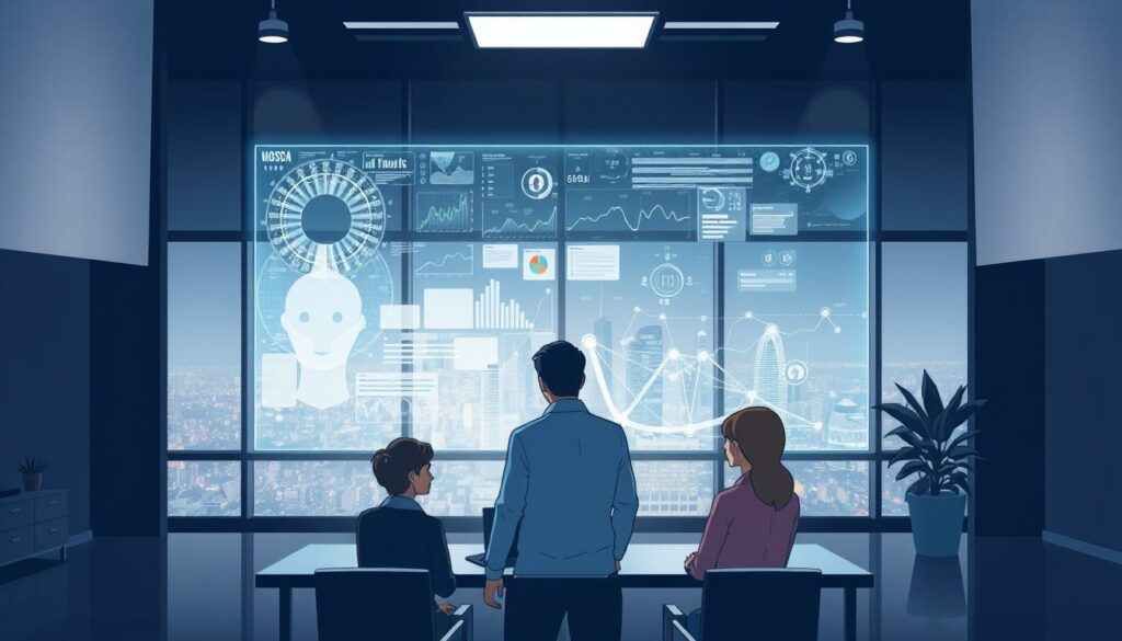 A dimly lit office space, sleek and modern, where an intelligent agent technology system takes center stage. In the foreground, a holographic display projects intricate data visualizations, casting a mesmerizing glow across the room. Subtle ambient lighting illuminates the space, creating a contemplative atmosphere. In the middle ground, a team of analysts intently studies the holographic interface, their expressions a mix of focus and determination. The background features a panoramic window, revealing a bustling cityscape beyond, a symbolic representation of the challenges and opportunities of implementing this cutting-edge technology in the business world.