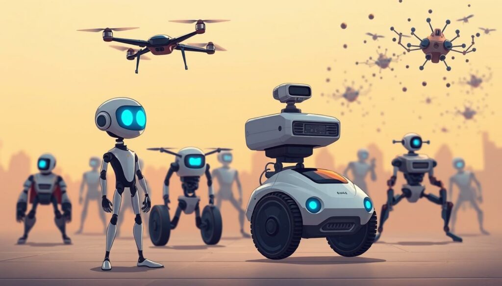 A diverse team of AI agents, each with distinct capabilities, stands ready to assist. In the foreground, a humanoid agent with an elegant, minimalist design, its glowing blue optics conveying a sense of intelligence and focus. Beside it, a sleek, aerial drone agent hovers, its camera sensors scanning the environment. In the middle ground, a wheeled, utility agent navigates the scene, its robust frame and tactile manipulators suggesting a hands-on approach. In the background, a swarm of nanoscale agents swirl, their collective movements hinting at a level of coordination and autonomy. The scene is bathed in a warm, ambient light, creating a sense of harmony and collaboration among the AI agents.