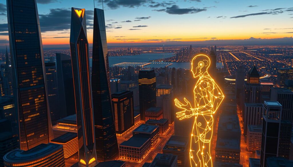 A futuristic cityscape at twilight, with towering skyscrapers and sleek, angular buildings bathed in a warm, golden glow. In the foreground, a projection of an intelligent AI agent emerges, its form composed of glowing lines and geometric shapes, symbolizing the growth and evolution of agentic AI technologies. The agent gestures dynamically, its movements hinting at the vast potential and adaptability of these systems. The background is a panoramic view, with the city skyline fading into the distance, suggesting the far-reaching impact of agentic AI on the future landscape. The scene is captured with a cinematic, wide-angle lens, emphasizing the scale and grandeur of the vision.