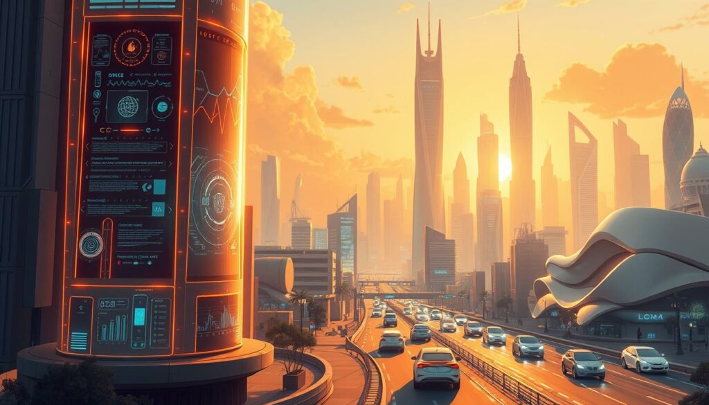 A futuristic cityscape bathed in a warm, golden glow. In the foreground, a towering holographic display showcases the latest advancements in artificial intelligence, with sleek, minimalist interfaces and glowing data visualizations. In the middle ground, autonomous vehicles navigate the bustling streets, their smooth, aerodynamic forms a testament to the progress of transportation technology. In the background, towering skyscrapers with elegant, organic architectural designs reach towards the sky, hinting at the integration of advanced materials and sustainable construction techniques. The overall atmosphere conveys a sense of technological progress and innovation, with a touch of optimism and wonder.