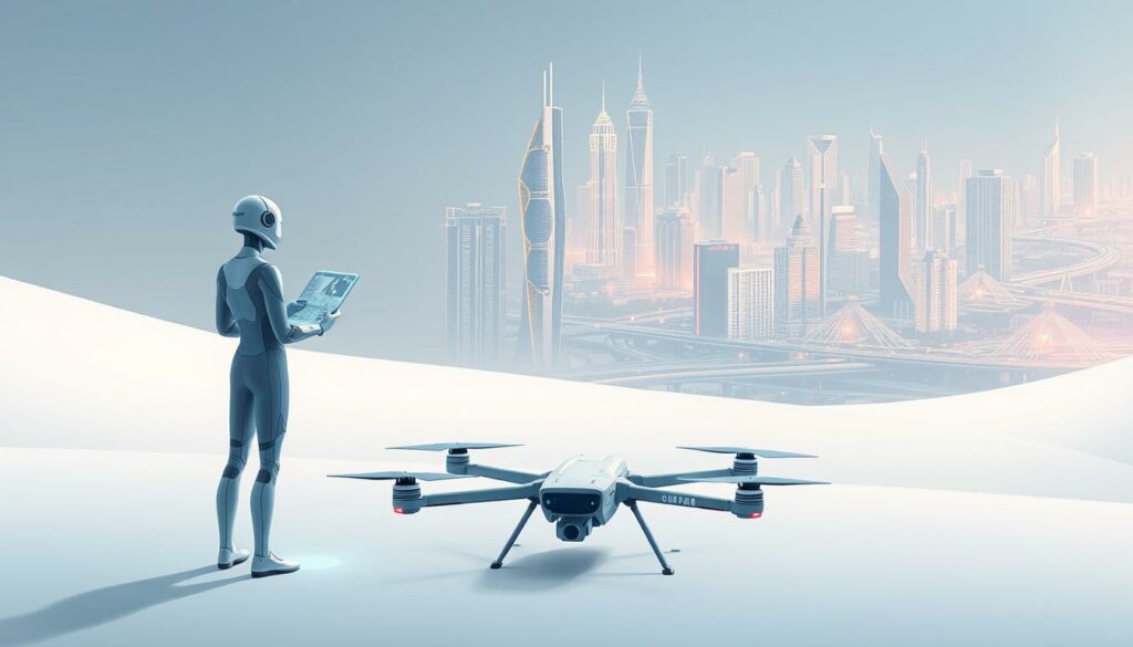 A highly advanced and interconnected network of AI-powered agents, working seamlessly in a futuristic, minimalist landscape. In the foreground, three intelligent agents, sleek and elegant, communicating via holographic interfaces. Soft, diffused lighting creates an atmosphere of technological sophistication. The middle ground features a cluster of autonomous drones, their movements choreographed with precision. In the background, a sprawling metropolis of gleaming skyscrapers and transport systems, all powered by the intelligence of the agents. The scene conveys a sense of harmony, efficiency, and the seamless integration of artificial and human intelligence.