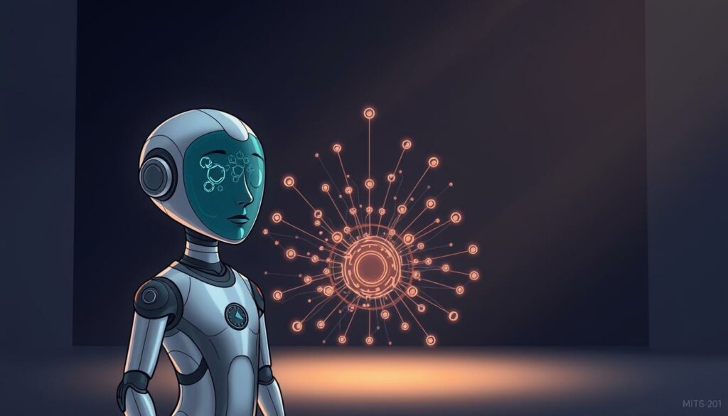 A highly sophisticated cognitive intelligent agent stands in the foreground, its sleek metallic body conveying a sense of power and advanced technology. The agent's face is a seamless display, animated with a thoughtful expression as it processes complex data streams. In the middle ground, a network of interconnected nodes and circuits hum with activity, representing the agent's intelligent neural pathways. The background is a dimly lit, minimalist environment, with subtle lighting that casts a warm, contemplative glow, emphasizing the agent's cognitive capabilities. The overall scene exudes a sense of futuristic innovation and the potential for intelligent automation to revolutionize business processes.
