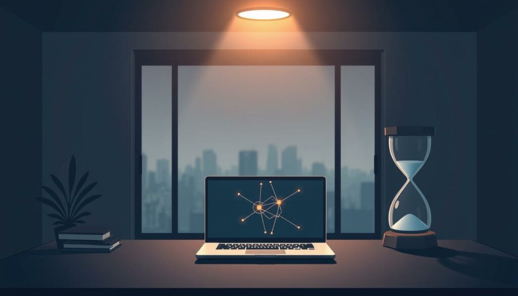 A serene, dimly lit room with a desk featuring a sleek, futuristic laptop and a stylized hourglass sculpture. The laptop's screen displays an abstract wireframe model of an AI agent, its lines and nodes pulsing with an ethereal glow. Overhead, a single spotlight casts a warm, contemplative light, creating a sense of depth and focus. In the background, a hazy cityscape can be seen through a large window, conveying the integration of AI technology within the modern world. The overall atmosphere evokes a sense of careful deliberation and the weighty ethical considerations surrounding the development of AI.