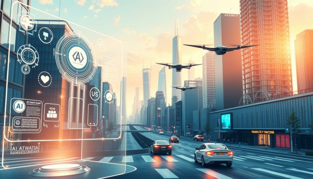 A sleek, futuristic cityscape bathed in a soft, warm glow. In the foreground, a holographic display showcases various AI-powered agent technologies, their interfaces shimmering with data visualizations. In the middle ground, autonomous vehicles and drones navigate the streets, seamlessly integrated into the urban landscape. The background features towering skyscrapers adorned with cutting-edge architectural designs, hinting at the advanced technological capabilities that power this vision of the future. The scene conveys a sense of progress, innovation, and the transformative potential of AI-driven solutions that are reshaping the way we live and work.