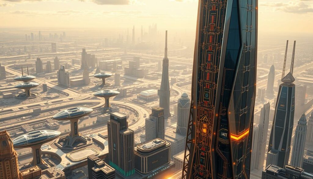 A sleek, futuristic cityscape bathed in a warm, golden glow. In the foreground, a towering, angular structure made of gleaming steel and glass, its façade adorned with intricate circuitry and holographic displays. At its core, an agentic AI system pulses with intelligent energy, its algorithms seamlessly integrating with advanced IoT technologies and autonomous systems. The middle ground is populated by hovering transport pods and sleek, streamlined buildings, their surfaces shimmering with a sense of technological sophistication. In the distant background, a horizon of skyscrapers and towering spires stretch out, hinting at a future where agentic AI and emerging technologies have fundamentally transformed the urban landscape.