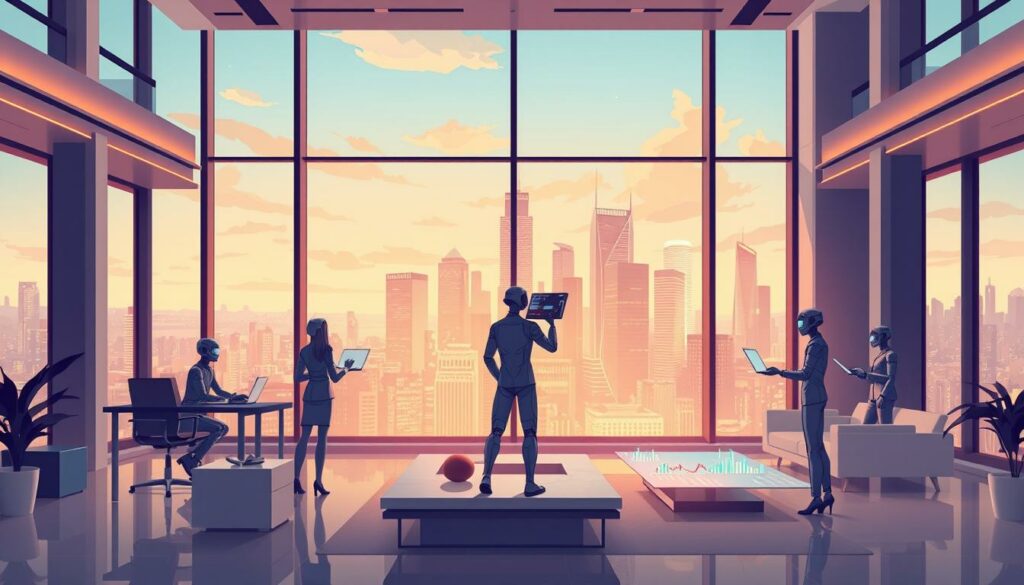 A sleek, futuristic office interior with floor-to-ceiling windows overlooking a dynamic city skyline. In the foreground, a team of stylized, hyper-efficient AI agents working seamlessly on holographic displays, their movements fluid and precise. Warm, ambient lighting bathes the scene, creating a sense of productivity and innovation. The middle ground features elegant, minimalist furniture and decor, conveying a clean, uncluttered aesthetic. In the background, the city skyline glimmers with the promise of progress, hinting at the transformative potential of agentive AI. The overall tone is one of streamlined elegance, technological mastery, and boundless business opportunities.