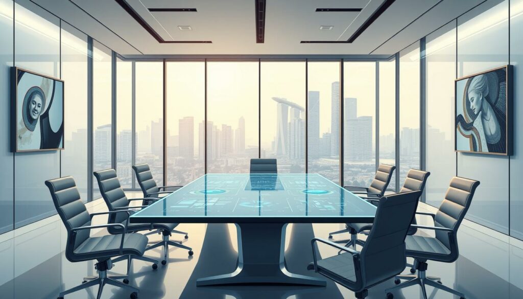 A sleek, minimalist office interior with floor-to-ceiling windows overlooking a futuristic cityscape. In the foreground, a glass conference table surrounded by ergonomic chairs, conveying a sense of collaborative decision-making. On the table, a holographic display projects complex data visualizations, guiding an executive team in an autonomous system evaluation. The lighting is soft and indirect, creating a contemplative atmosphere. The walls are adorned with abstract artworks, hinting at the intersection of technology and creativity. In the background, the Singapore skyline stands tall, symbolizing the progressive regulatory landscape enabling the advancement of agentic AI.