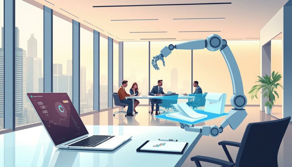 A sleek, minimalist office interior with floor-to-ceiling windows overlooking a futuristic cityscape. In the foreground, a neatly organized desk with a high-end laptop, a holographic display projecting data visualizations, and an elegant robotic arm efficiently sorting through files. The middle ground features a team of stylishly dressed professionals collaborating around a large conference table, their expressions focused and confident. The background is bathed in a warm, ambient lighting that creates a sense of productivity and innovation. The overall atmosphere conveys the power of Agentic AI to streamline workflows, enhance decision-making, and unlock new levels of business intelligence.