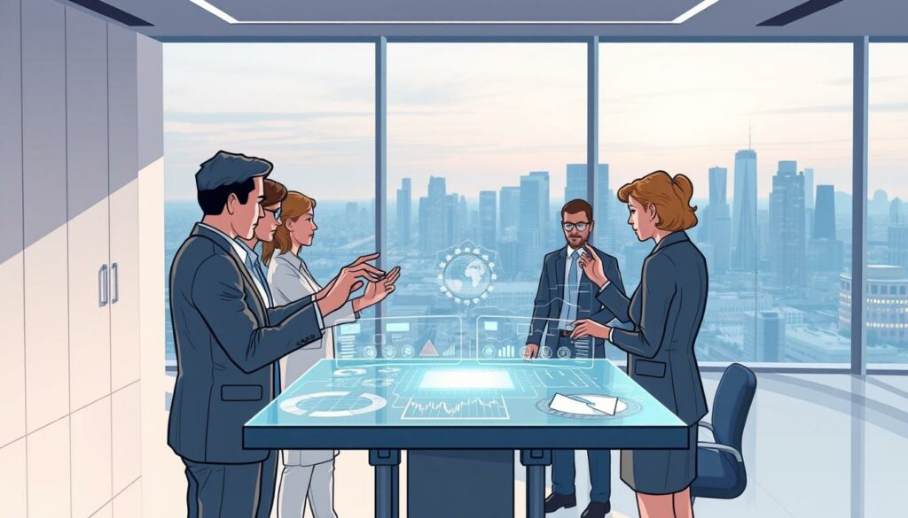 A sleek, minimalist office interior with large windows bathed in soft, directional lighting. In the foreground, a team of professionals intently focused on a holographic display, their movements precise and intentional as they manipulate digital interfaces with their hands. In the middle ground, a central workstation with multiple screens showcases complex algorithms and data visualizations, hinting at the sophisticated AI-driven processes unfolding. The background features a panoramic city skyline, underscoring the integration of cutting-edge technology into the modern business landscape. The overall atmosphere conveys a sense of innovation, efficiency, and the seamless implementation of agentive AI systems to unlock new possibilities.