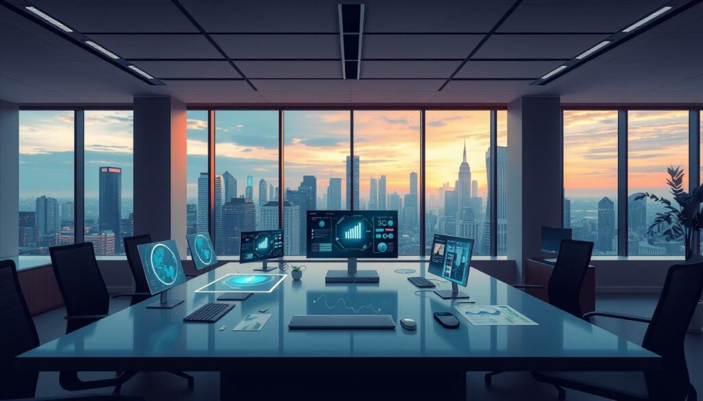 A sleek, minimalist office interior with large windows overlooking a vibrant city skyline. In the foreground, an expansive desk features multiple high-resolution displays showcasing dynamic visualizations and data analysis dashboards. Floating holographic interfaces and intelligent virtual assistants seamlessly integrate with the physical workspace, creating a harmonious blend of cognitive computing and intuitive user experience. Soft, indirect lighting casts a warm, productive glow across the scene, while subtle hints of the latest AI-powered collaboration tools and autonomous task management systems are visible in the background.