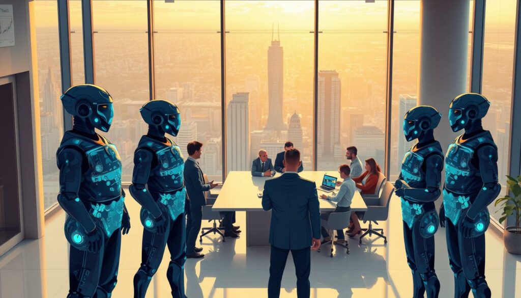 A sleek, minimalist office interior with large windows overlooking a vibrant cityscape. In the foreground, a group of AI-powered agents stand ready, their holographic interfaces glowing with data visualizations. The agents are diverse in appearance, representing different skillsets and specializations. In the middle ground, a team of business professionals collaborate at a long conference table, engaged in animated discussions as they review the agents' recommendations. The lighting is warm and natural, creating a sense of productivity and innovation. The camera angle is slightly elevated, providing a dynamic, bird's-eye view of the scene, emphasizing the seamless integration of human and artificial intelligence.