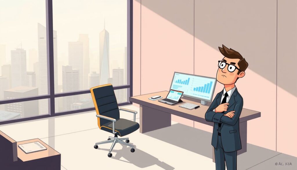 A sleek, minimalist office setting with a desk, chair, and a large window overlooking a bustling cityscape. On the desk, a laptop and tablet display various charts and graphs, representing the data and analytics involved in adopting Agent AI. In the foreground, a businessperson, dressed in a sharp suit, stands with a thoughtful expression, contemplating the challenges of integrating this new technology. The lighting is warm and natural, casting a soft glow across the scene, creating a sense of contemplation and deliberation. The overall atmosphere conveys the complexities and considerations surrounding the adoption of Agent AI in a professional business environment.