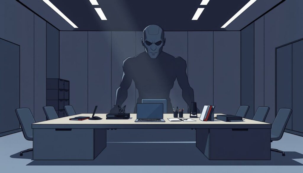 A sleek, minimalist office setting with a large, imposing desk at the center. On the desk, a laptop and various office supplies, conveying a sense of stagnation and unease. In the background, a towering, faceless AI entity looms, casting an ominous shadow over the scene. The lighting is harsh, creating sharp contrasts and a sense of tension. The angle is slightly elevated, giving the viewer a feeling of being an outsider observing the challenges of AI integration. The overall mood is one of uncertainty and the weight of technological change bearing down on the traditional business landscape.