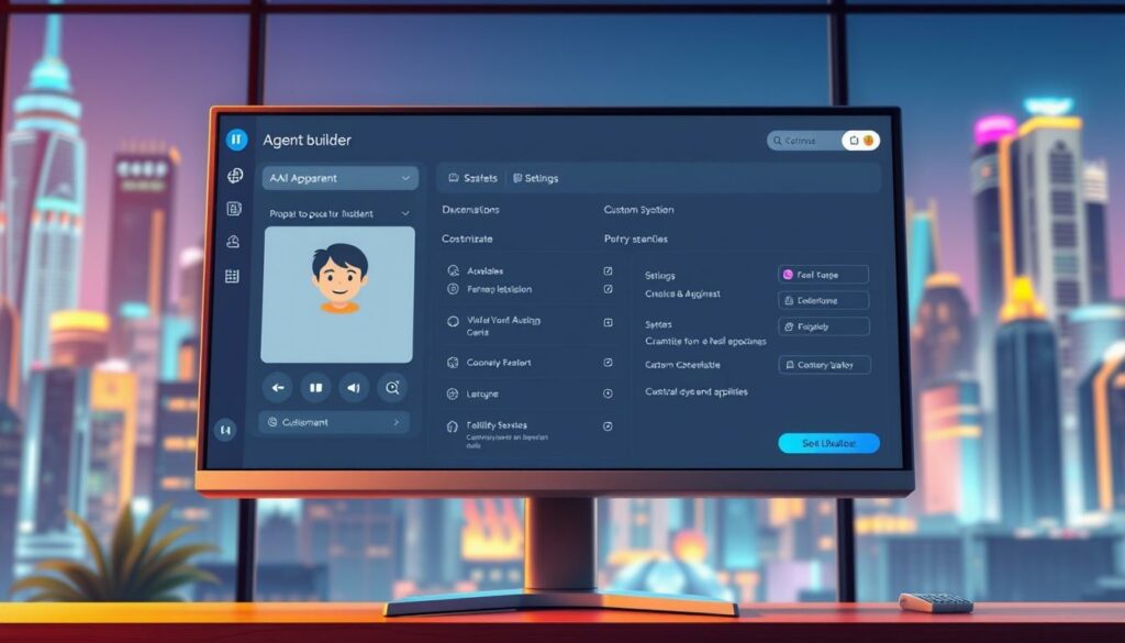 A sleek, modern AI agent builder interface displayed on a high-resolution monitor, with a clean and minimalist design. The foreground features a stylized avatar of a virtual assistant, showcasing its conversational capabilities. The middle ground showcases various customization options and settings, allowing users to tailor the agent to their specific needs. The background depicts a vibrant, futuristic cityscape, hinting at the transformative power of AI-driven customer engagement. The scene is bathed in a warm, inviting light, conveying a sense of efficiency and innovation.