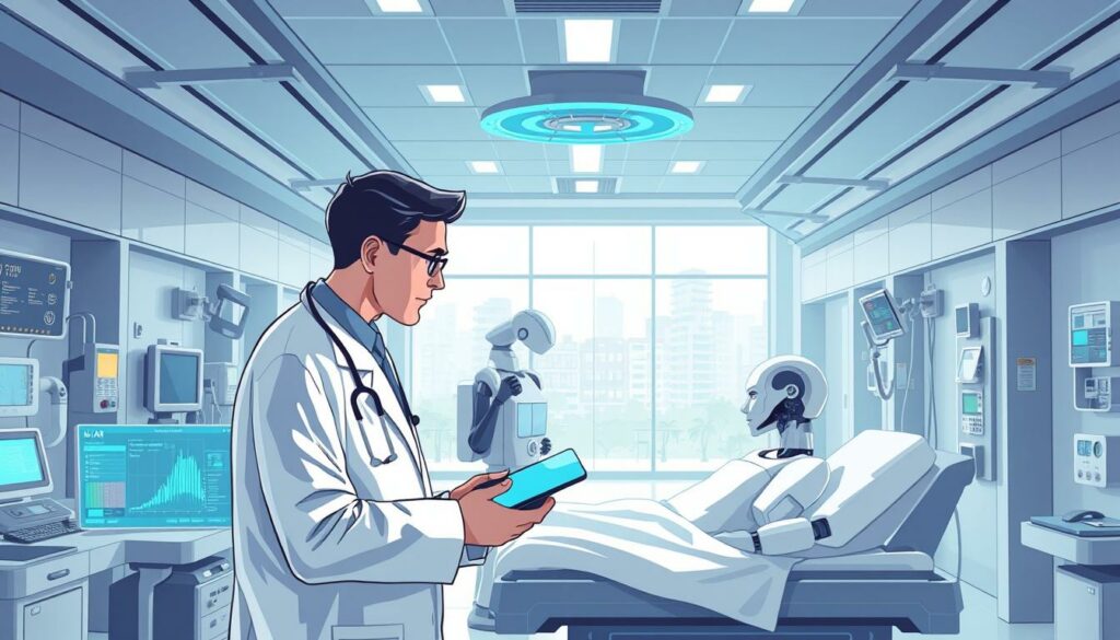 A sleek, modern hospital interior with advanced medical equipment and AI-powered technology. In the foreground, a doctor consults a holographic display, analyzing patient data with the aid of an intelligent AI assistant. The middle ground features a robotic nurse tending to a patient, seamlessly integrating with the medical staff. The background showcases a panoramic view of the hospital, with state-of-the-art monitoring systems and autonomous devices working in harmony to provide exceptional patient care. The lighting is soft and calming, creating a serene and efficient atmosphere. The overall scene conveys the power of AI in revolutionizing healthcare, improving outcomes and enhancing the patient experience.