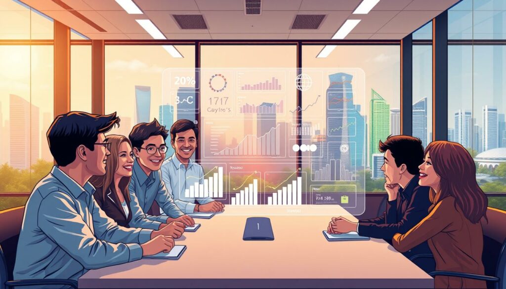 A sleek, modern office setting in Singapore, bathed in warm, natural lighting. In the foreground, a team of diverse professionals gathered around a table, engaged in an animated discussion, their expressions exuding a sense of collaboration and success. In the middle ground, a large, holographic display showcases various data visualizations and project milestones, highlighting the effectiveness of the AI Agent Builder solution. The background features floor-to-ceiling windows overlooking the vibrant cityscape of Singapore, conveying a sense of progress and innovation. The overall atmosphere is one of excitement, productivity, and a shared commitment to harnessing the power of AI to drive business growth.