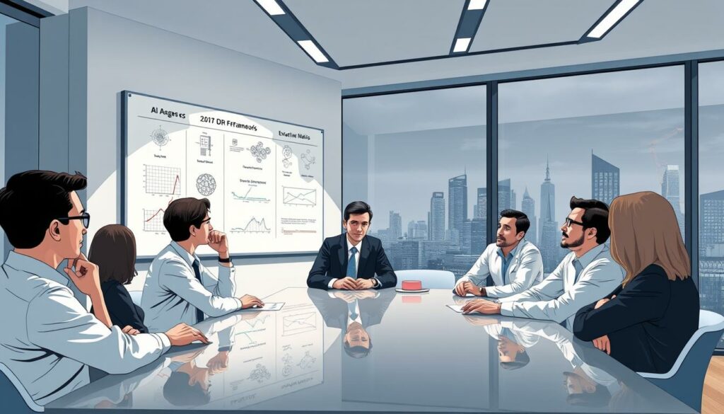 A sleek, modern office setting with a large whiteboard on the wall displaying various AI agent framework diagrams and evaluation metrics. In the foreground, a team of business executives and data scientists gathered around a polished conference table, engaged in a lively discussion. Soft, directional lighting illuminates the scene, casting subtle shadows and highlighting the thoughtful expressions on their faces. The background features floor-to-ceiling windows overlooking a dynamic cityscape, conveying a sense of progress and innovation. The overall atmosphere is one of collaborative analysis, strategic planning, and a dedication to finding the right AI agent framework to power the business's digital transformation.
