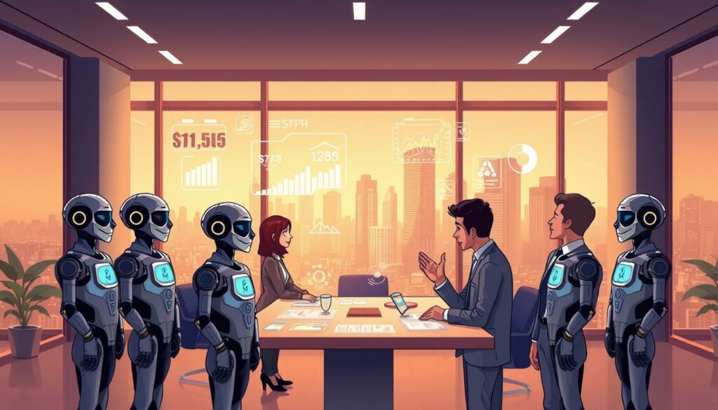 A sleek, modern office setting with a large window overlooking a bustling city skyline. In the foreground, a team of AI agents, represented by stylized humanoid figures, stand in a semicircle, their holographic displays projecting various business metrics and insights. The agents' expressions convey a sense of diligence and efficiency. The middle ground features a conference table where human executives and managers are engaged in discussion, their faces animated as they review the AI-generated data. The background is bathed in a warm, ambient lighting, creating a professional and productive atmosphere. The overall scene conveys the seamless integration of AI agents and human decision-makers, showcasing the benefits of this collaboration for the company's success.