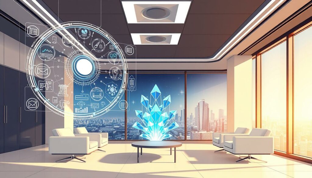 A sleek, modern office setting with sophisticated lighting and minimalist furniture. In the foreground, a holographic display hovers, showcasing intricate diagrams and data visualizations related to AI regulations and compliance frameworks. The middle ground features a stylized, crystalline structure representing the interconnected nature of AI systems and their governing policies. In the background, a panoramic window offers a glimpse of a futuristic cityscape, symbolizing the global scale and impact of AI regulations. The overall mood is one of thoughtful contemplation, conveying the complexity and importance of regulating agentic AI for business leaders.