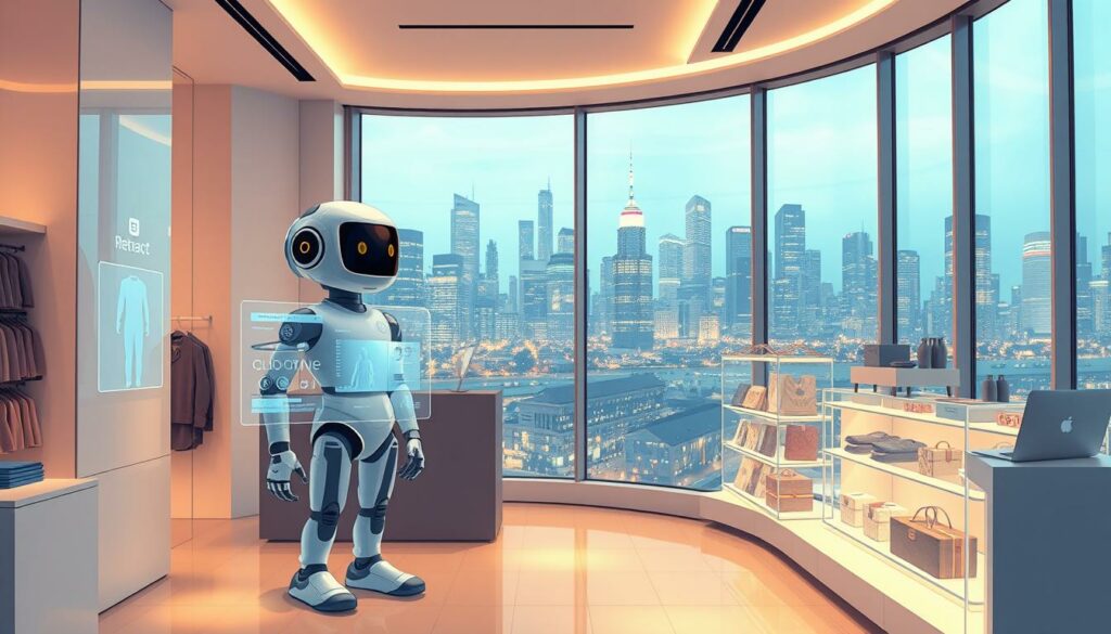 A state-of-the-art AI retail assistant stands in a sleek, modern retail environment. The assistant, a stylized android figure, is surrounded by interactive holographic displays showcasing product information and recommendations. The store's interior features clean lines, minimalist design, and warm, ambient lighting that creates an inviting atmosphere. In the background, a panoramic window offers a view of a bustling city skyline, symbolizing the integration of cutting-edge technology within the urban retail landscape. The overall scene conveys the transformative potential of AI agents in revolutionizing the future of retail experiences.