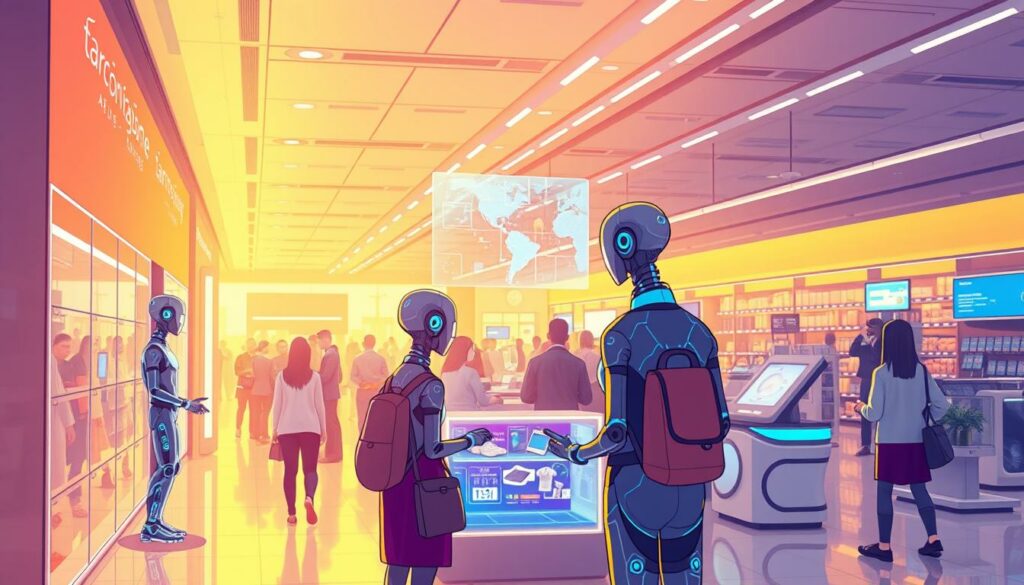 A vibrant retail setting, bathed in warm, diffused lighting. In the foreground, advanced AI agents seamlessly interact with customers, anticipating their needs and guiding them through personalized shopping experiences. The middle ground showcases cutting-edge digital displays and holographic projections, showcasing products in visually captivating ways. In the background, a bustling landscape of automated inventory management systems and intelligent checkout kiosks, all working in harmony to create a futuristic, yet efficient retail environment. The scene conveys a sense of technological innovation, enhanced customer service, and a glimpse into the transformative power of AI agents within the retail industry.